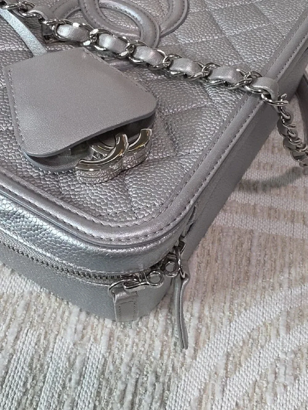 CHANEL Silver Quilted Vanity-Style Large Camera Shoulder Bag